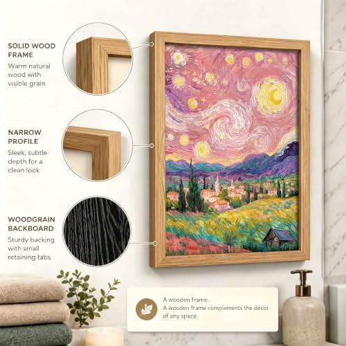 Pink Starry Night Wall Art Canvas - Framed Rural Impressionist Landscape - 10"L x 8"W