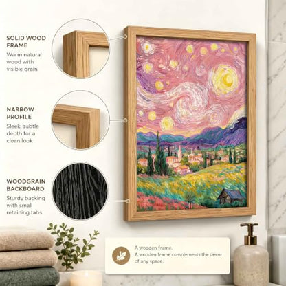 Pink Starry Night Wall Art Canvas - Framed Rural Impressionist Landscape - 10"L x 8"W