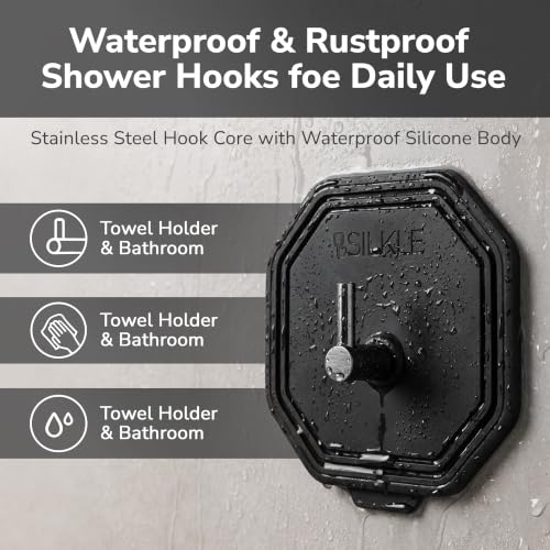 Black Silicone Shower Hooks 2-Pack - Waterproof Adhesive Towel Hooks for Bathroom