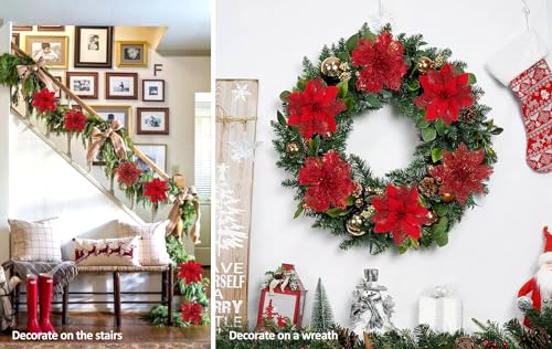 Artificial Red Christmas Poinsettia Flowers & Berry Picks - Holiday Decor, 66 pcs
