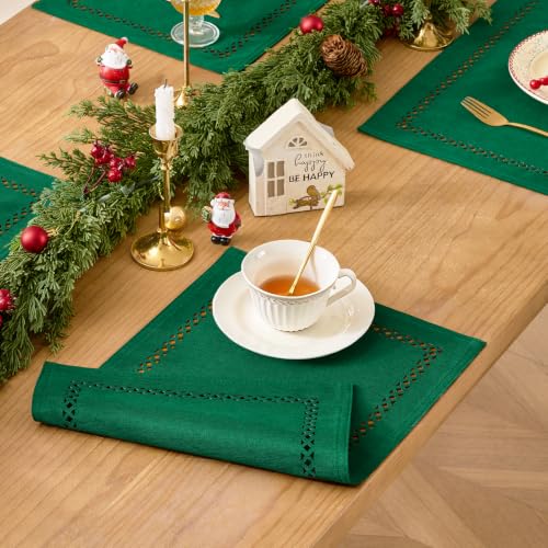 Green Burlap Place Mats Set of 8, 12 x 18 Inch Christmas Table Decor