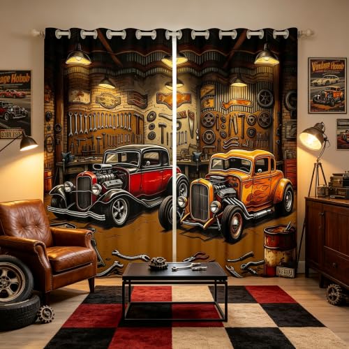 Castle Fairy Vintage Hot Rod Blackout Curtains Set - Brown Red, 76W x 54L Inches, 2 Panels