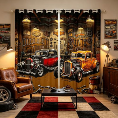 Castle Fairy Vintage Hot Rod Blackout Curtains Set - Brown Red, 76W x 54L Inches, 2 Panels