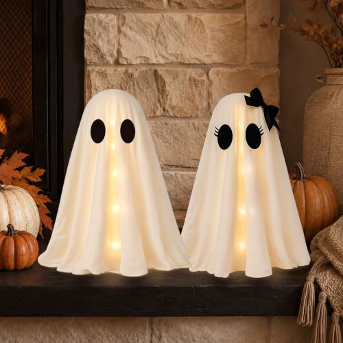 24 Inch Light Up Halloween Ghost Decorations - DIY Spooky Ghosts with Witch Hats, LED Lights, 2 Pack