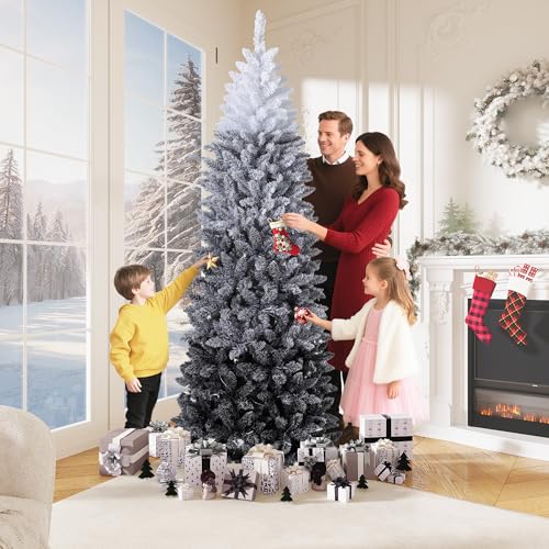 7.5Ft Slim Flocked Christmas Tree - White & Black Gradient Artificial Decor