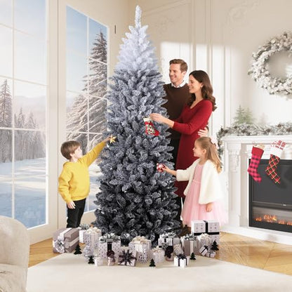 7.5Ft Slim Flocked Christmas Tree - White & Black Gradient Artificial Decor