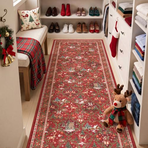 3x8 Red Christmas Runner Rug for Hallway & Kitchen Washable Non-Slip