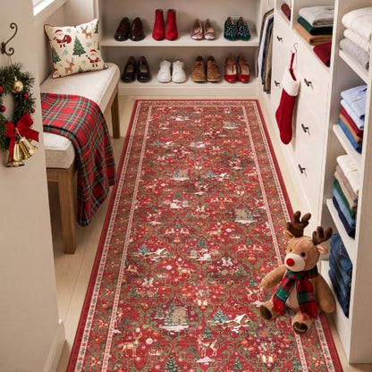 3x8 Red Christmas Runner Rug for Hallway & Kitchen Washable Non-Slip