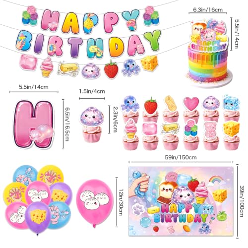 Squishy Birthday Party Decorations Set with Backdrop, Banners, Balloons, Cake & Cupcake Toppers – 33 Pieces