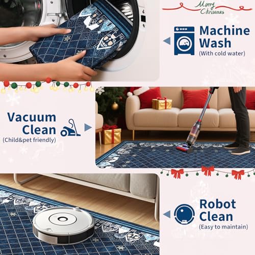 Christmas Washable Doormat 2x3 Small Rug with Snowman & Xmas Tree Motifs