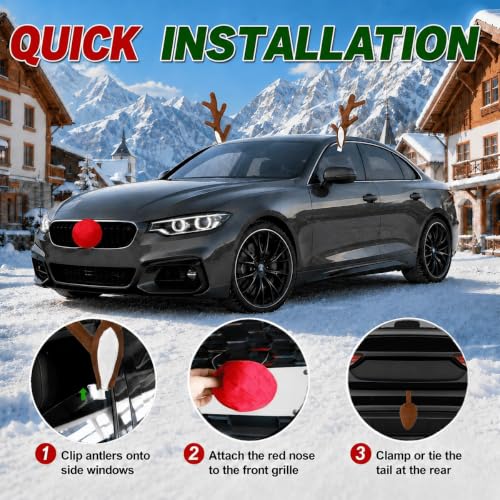 Car Reindeer Antlers with Nose, Bells & Ribbons Holiday Decoration