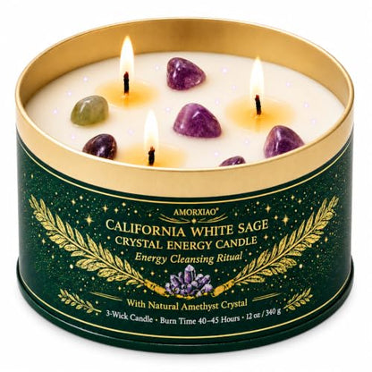 White Sage Candle with Crystals - 12 oz 3-Wick Soy Aromatherapy Candle - Variation: White Sage 1 Pack