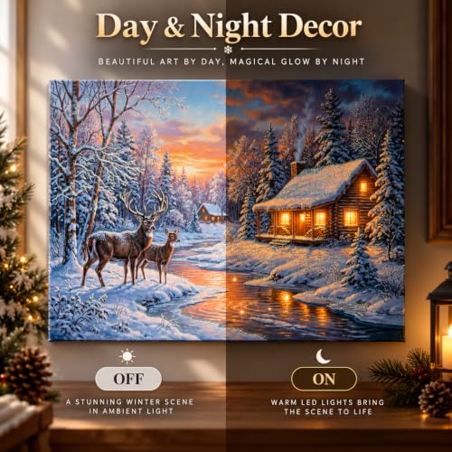 Sunset Gold Deer Cabin Christmas Canvas Wall Art 24x18 with Glitter & Timer