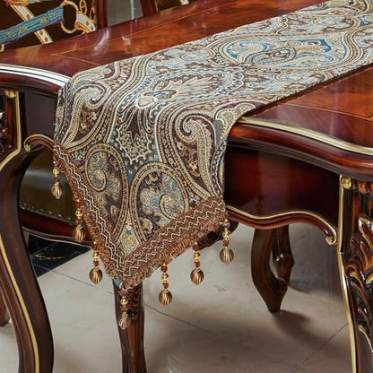 Luxury Vintage Table Runner with Embroidery and Tassels - Coffee 12x72 Inch