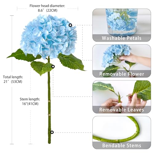 Light Blue Hydrangea Artificial Flower Set - Real Touch Faux Latex 21" Pack of 4