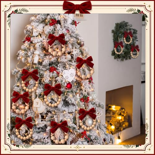 12 Pcs Rustic Wood Bead Wreath Christmas Ornaments with Velvet Bow