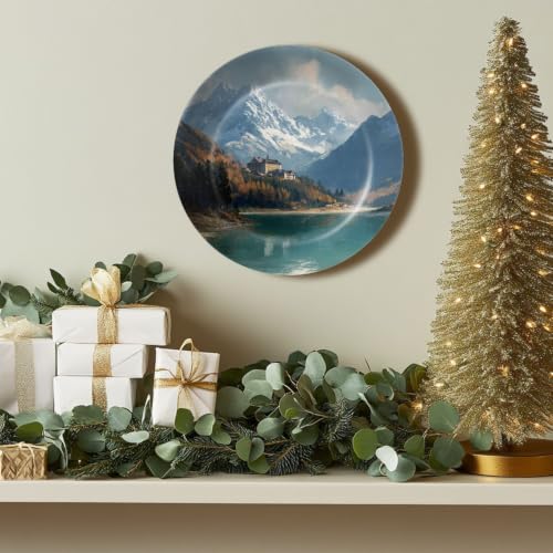 Mountain Lake Switzerland Ceramic Decorative Plate 8x8 Inch with Stand - White Elephant Gift