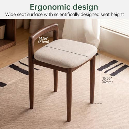 Vanity Stool Oak Wood with Walnut-White Finish — Solid Oak Home Vanity Chair, 14.29 W x 14.56 D x 20.67 H (Variation: Walnut-White)