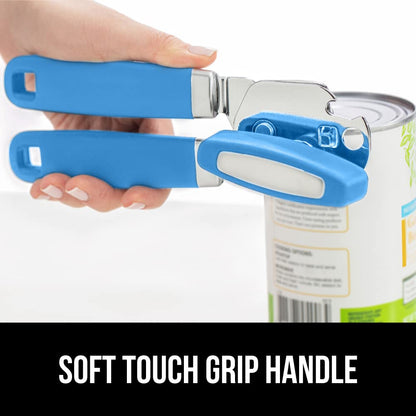 The Original Gorilla Grip Heavy Duty Stainless Steel Smooth Edge Manual Hand Held Can Opener With Soft Touch Handle, Rust Proof Oversized Handheld Easy Turn Knob, Large Lid Openers, Aqua