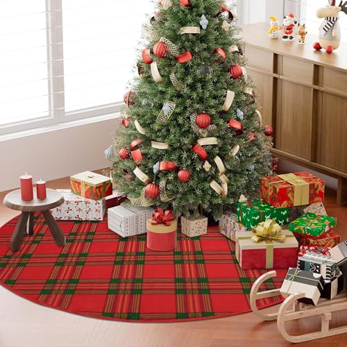 48 Inch Red Green Tartan Plaid Christmas Tree Skirt - Rustic Holiday Decor