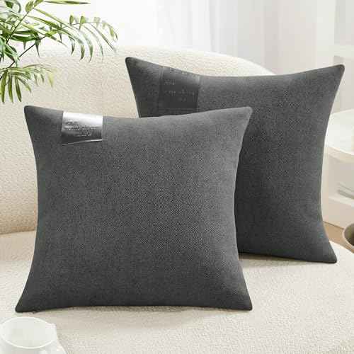Deconovo Pack of 2 Pillow Covers 18x18, Decorative Linen Pillow Covers Accent Throw Cushion Case with Leather Label, Soft Boho Farmhouse Pillowcase for Couch Sofa Bed Living Room Decor, Dark Grey