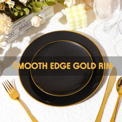 Black and Gold Disposable Dinnerware Set for 50 Guests - Plates, Cutlery & More