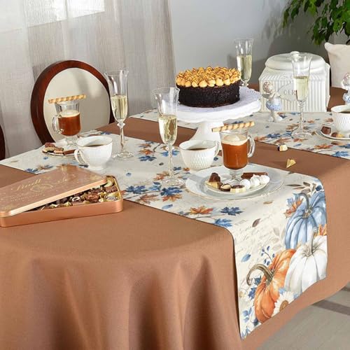 Fall Navy Blue Pumpkin Table Runner 13x36 Inches - Rustic Thanksgiving Decor