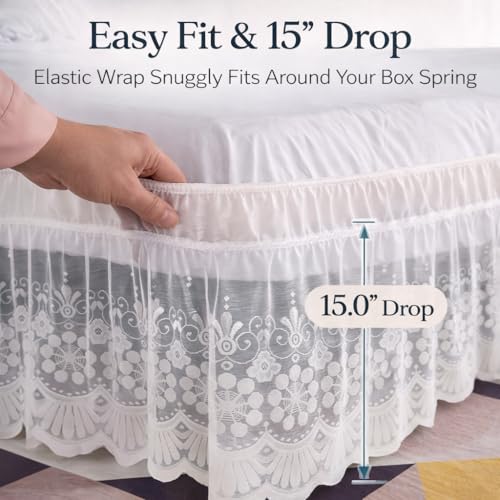 Off-White Lace Bed Skirt with Elastic Edge - 15 Inch Drop Ruffled Dust Ruffle - Princess Style