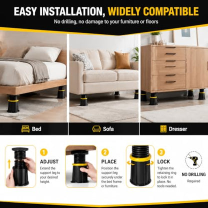 Black Round Adjustable Bed Support Legs 4.1–7.3 Inch with Locking Ring - 2 Pack