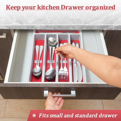 CherHome Silverware Organizer with Cutlery Icons，Silverware Tray for Kitchen Drawer，Plastic Flatware Tableware Silverware Drawer Organizer Utensil Organizer with Non-slip TPR Linings，5-Compartment