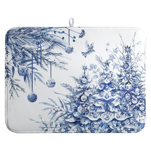 Christmas Tree Dish Drying Mat for Kitchen Counter 18x24 Inch Blue White Chinoiserie - Winter Holiday Absorbent Microfiber Reusable Drainer Pad