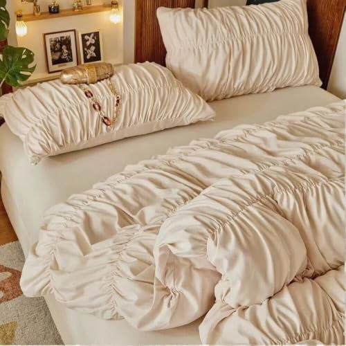 Full Beige Ruched Duvet Cover Set 3 Pieces with Pillowcases - Luxury Bedding