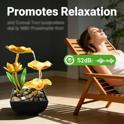 Gold Tabletop Water Fountain with LED Light - Zen Desktop Decor, Indoor Fountain for Office & Home
