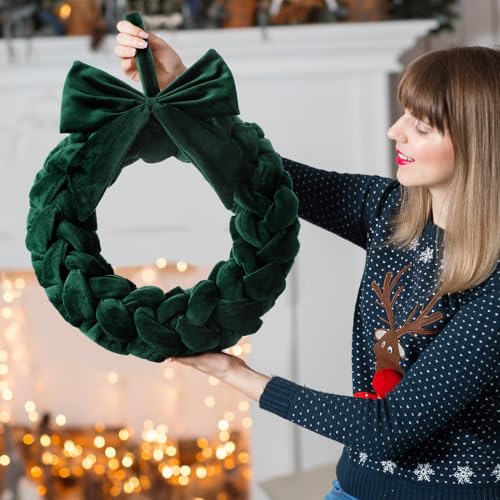 Christmas Velvet Wreath for Front Door 14-Inch Green with Bow Holiday Decor
