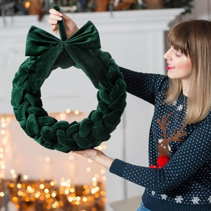 Christmas Velvet Wreath for Front Door 14-Inch Green with Bow Holiday Decor