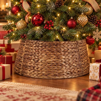 24 Inch Woven Water Hyacinth Wicker Christmas Tree Collar Basket with Cord Cutout