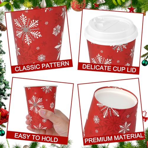 Christmas Snowflake Paper Cups with Lids 12oz - Red, 100 Pack - Holiday Party Supplies
