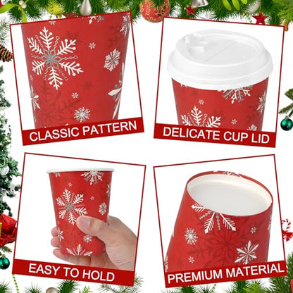 Christmas Snowflake Paper Cups with Lids 12oz - Red, 100 Pack - Holiday Party Supplies