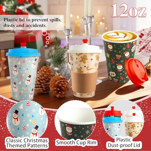 50 Pack Christmas Disposable Coffee Cups with Lids & Sleeves - 12 Oz Vintage Xmas Paper Cups for Hot & Cold Drinks