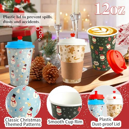 50 Pack Christmas Disposable Coffee Cups with Lids & Sleeves - 12 Oz Vintage Xmas Paper Cups for Hot & Cold Drinks