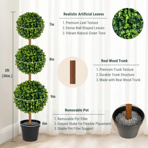 3FT Lifelike Artificial Triple Ball Topiary Tree with Stake and Pot - Assembly Required