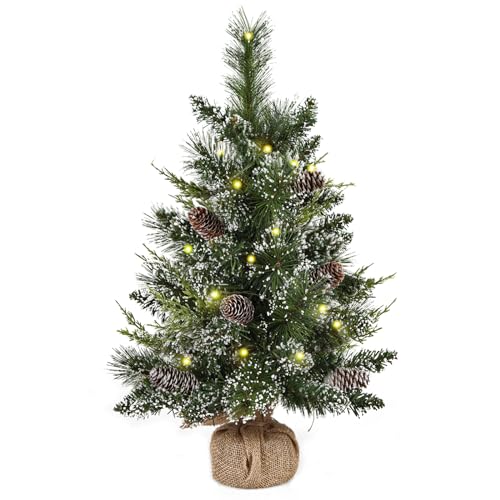 Mini Artificial Christmas Tree 2ft with LED Lights and Pine Cones, Tabletop Decor