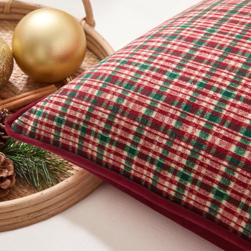 Christmas Plaid Pillow Cover 18x18 with Velvet Piping - Red, Kevin Textile Variation C-Red/18"