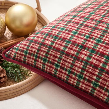 Christmas Plaid Pillow Cover 18x18 with Velvet Piping - Red, Kevin Textile Variation C-Red/18"
