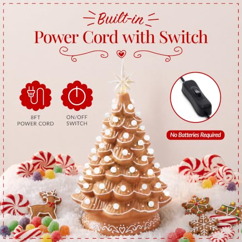 15in Ceramic Christmas Tree with White Bulbs & Star Toppers - Gingerbread Variation