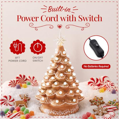 15in Ceramic Christmas Tree with White Bulbs & Star Toppers - Gingerbread Variation