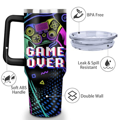 Game Tumbler with Lid and Straw 40oz - Gamer Water Bottle Cup with Handle - Gaming Travel Mug - Birthday Gift for Men Boys - Variation of THIS listing