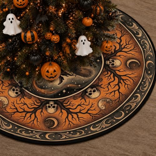 Gothic Witch Halloween Tree Skirt 60 Inch - Orange & Black, Skulls & Moon Design