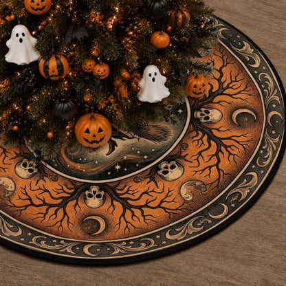 Gothic Witch Halloween Tree Skirt 60 Inch - Orange & Black, Skulls & Moon Design