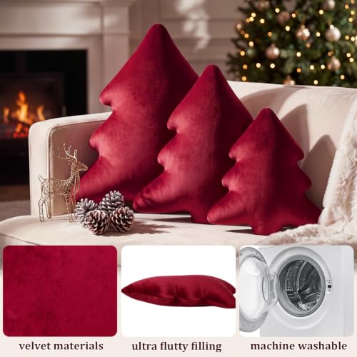 Peryiter Burgundy Red Velvet Christmas Tree Throw Pillows Set - 16 Inches